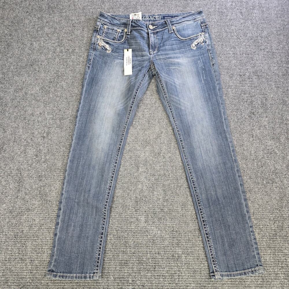 Grace in LA Skinny Jeans Womens 30 Blue Embellished Rhinestone Stretch NWT